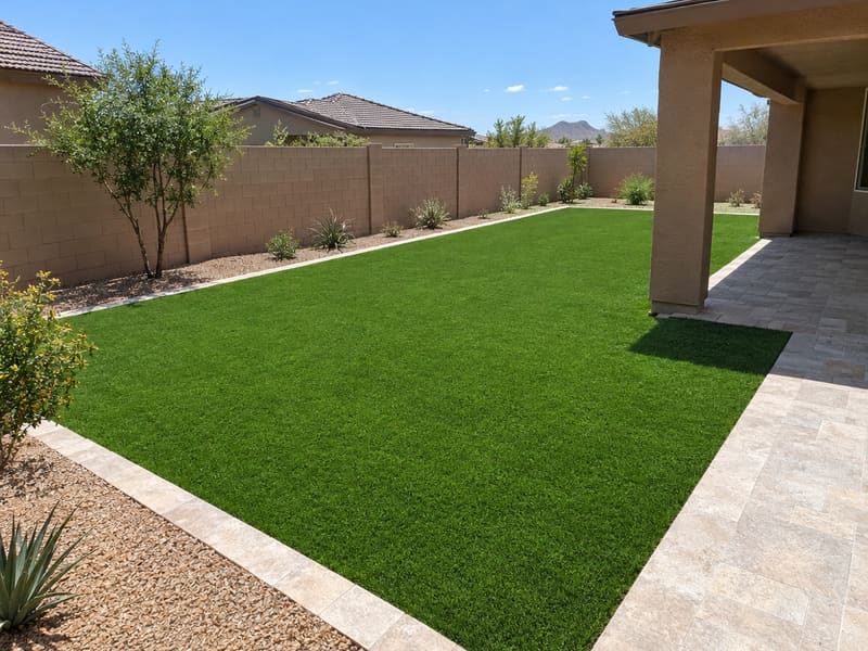 New artificial turf backyard with a travertine border